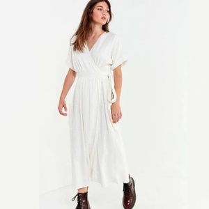 UO Gabrielle White Linen Midi Wrap Dress